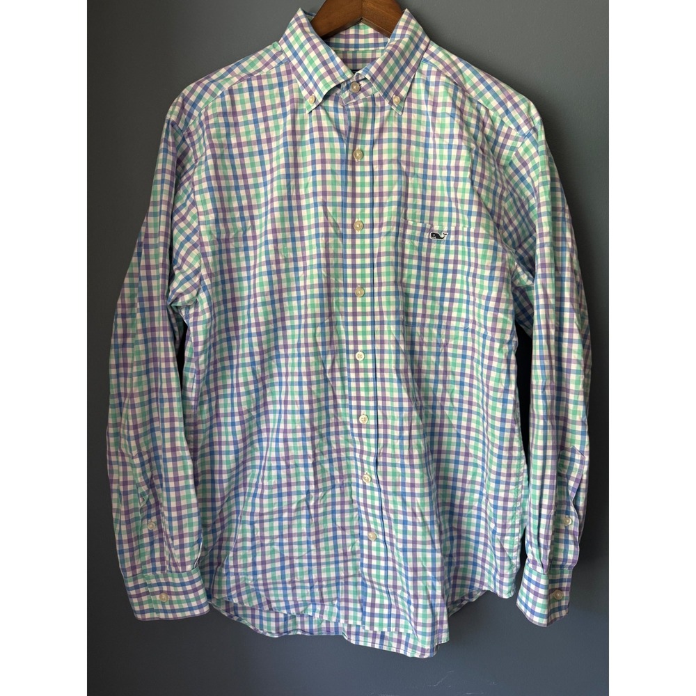 Vineyard Vines Mens Classic Fit Tucker Shirt Gingham Plaid Blue Green Purple M